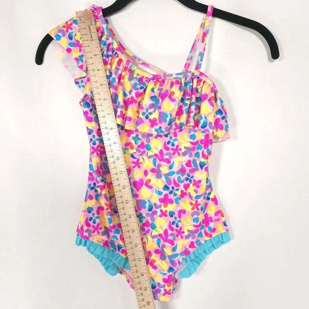 RuffleButts Girls 7 Vibrant Floral Neon One‎ shoulder Swimsuit Ruffles UPF 50+